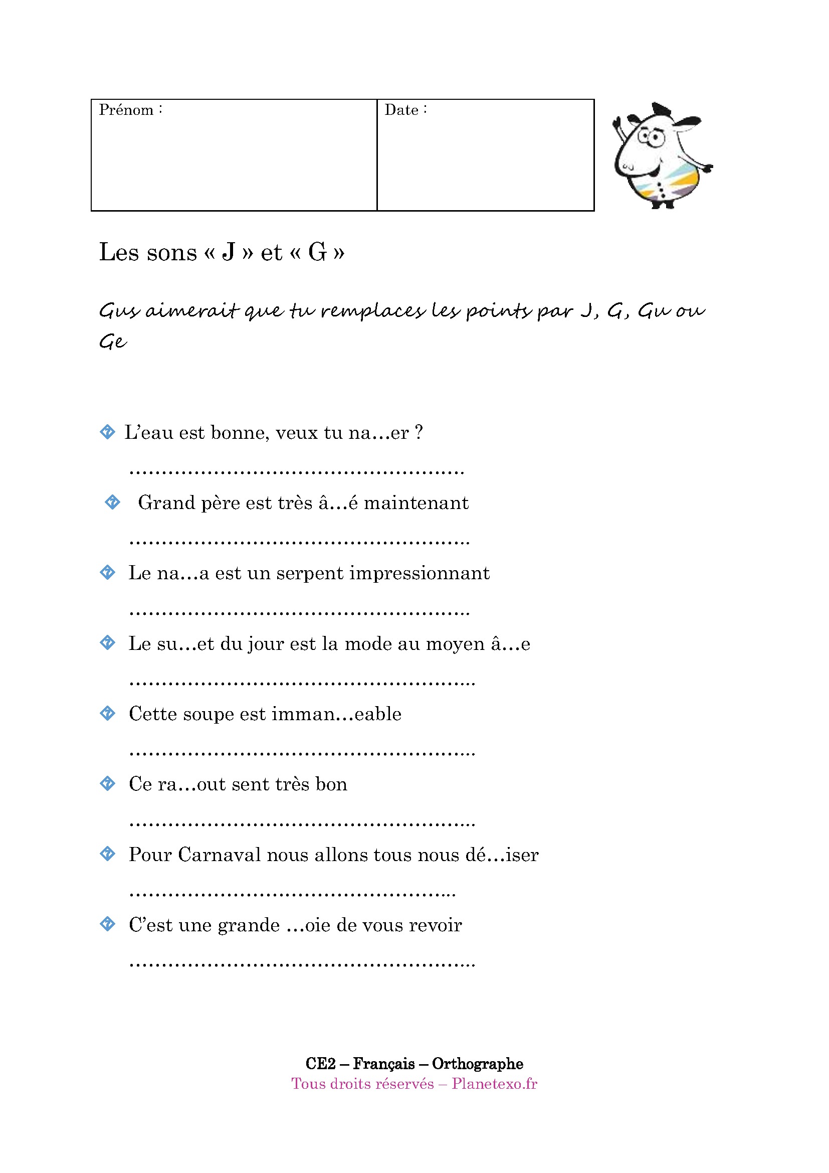 Exercice corrigé pour le CE2 : Les sons « J » et « G »